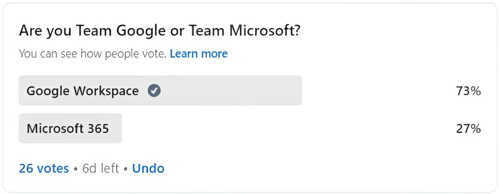 Google Workspace Vs. Microsoft 365 LinkedIn Poll - iGaming Content Services